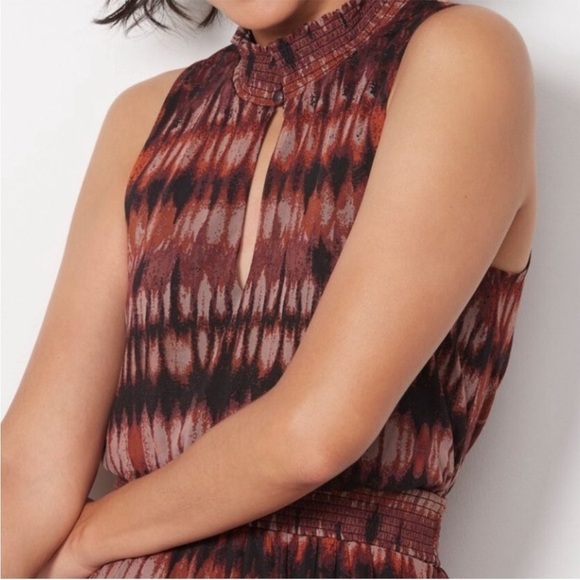 Evereve Gretta Midi Dress Mock Neck Tiered Pockets Brown Black Mesh Sz XL NEW - Picture 2 of 14